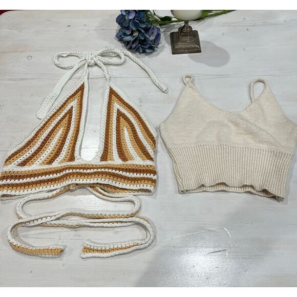 Lot of 2 Crochet Halter Top Knit & Cami‎ cropped Tank Top S/M - Picture 1 of 7